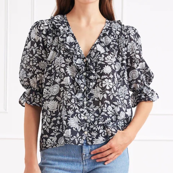Paneros Tops - PANEROS Chloe Shirt Midnight Garden Black/White Floral Ruffle Neckline Preppy L